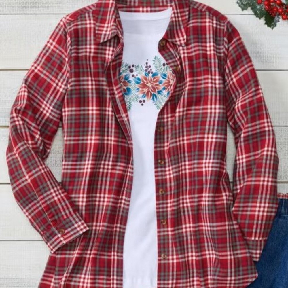 New 2XL Classic Red Plaid Long Sleeve Button-Front With Poinsettia Tee Twinset